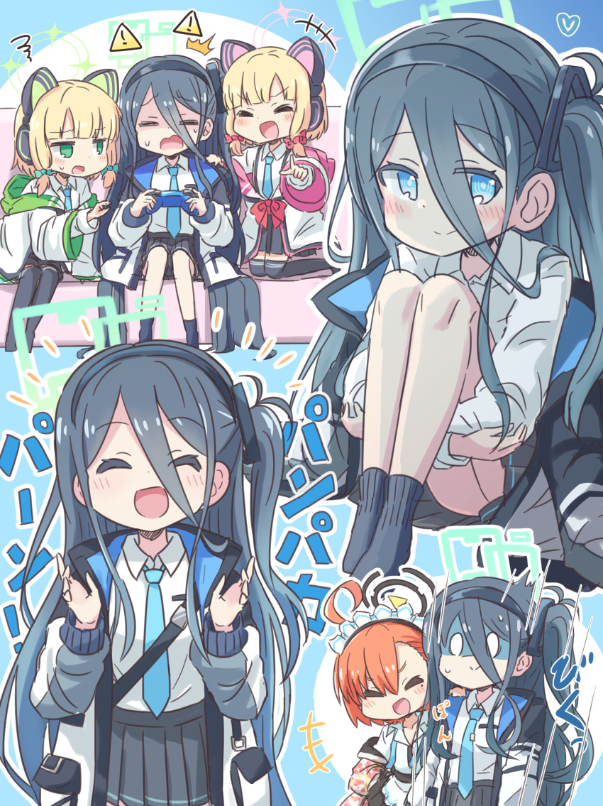 +++ 0_0 4girls :d ^^^ ^_^ absurdres ahoge animal_ears arisu_(blue_archive) bangs black-san black_hair black_hairband black_legwear blonde_hair blue_archive blue_eyes blue_neckwear blush bow brown_hair cat_ears closed_eyes closed_mouth collared_shirt commentary_request controller couch eyebrows_visible_through_hair fake_animal_ears game_controller green_bow green_eyes guriin hair_between_eyes hair_bow hairband halo highres holding jacket kneeling knees_up leg_hug long_hair long_sleeves maid_headdress midori_(blue_archive) mole mole_under_eye momoi_(blue_archive) multiple_girls necktie neru_(blue_archive) no_shoes on_couch one_side_up open_clothes open_jacket open_mouth pleated_skirt pointing red_bow shirt sidelocks sign sitting skirt smile socks squiggle surprised thigh-highs translation_request turn_pale twintails very_long_hair warning_sign white_jacket white_shirt