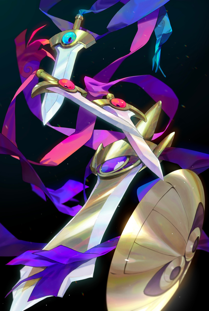 absurdres aegislash black_background doublade evolutionary_line gen_6_pokemon highres honedge no_humans pokemon pokemon_(creature) purple_ribbon ribbon shield shiny single_eye sword violet_eyes weapon yagita_(astronomie)