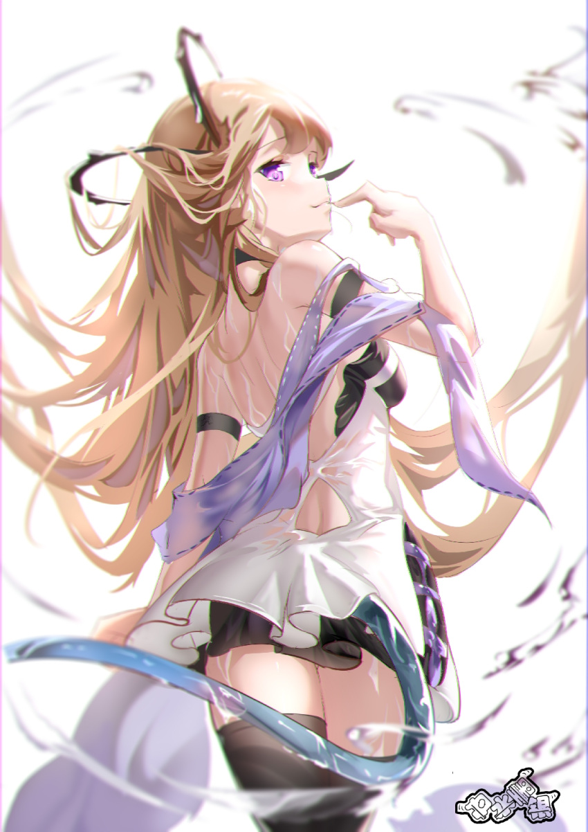 1girl arknights bangs bare_shoulders black_legwear breasts brown_hair chinese_commentary commentary_request dan_shuimo_yin dress from_behind highres indigo_(arknights) long_hair looking_at_viewer looking_back off_shoulder short_dress simple_background small_breasts smile solo thigh-highs thighs very_long_hair violet_eyes white_background white_dress zettai_ryouiki
