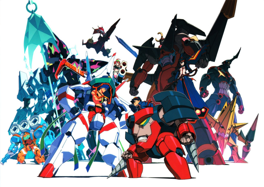 2boys 2girls black_hair blue_eyes breasts drill galo_thymos goggles goggles_on_head gurren-lagann highres jacket kill_la_kill king_kittan lagann lazengann luluco matoi_ryuuko mecha mechanical multiple_boys multiple_girls promare short_hair simon_(ttgl) standing tengen_toppa_gurren_lagann trigger-chan uchuu_patrol_luluco weapon yoshinari_you