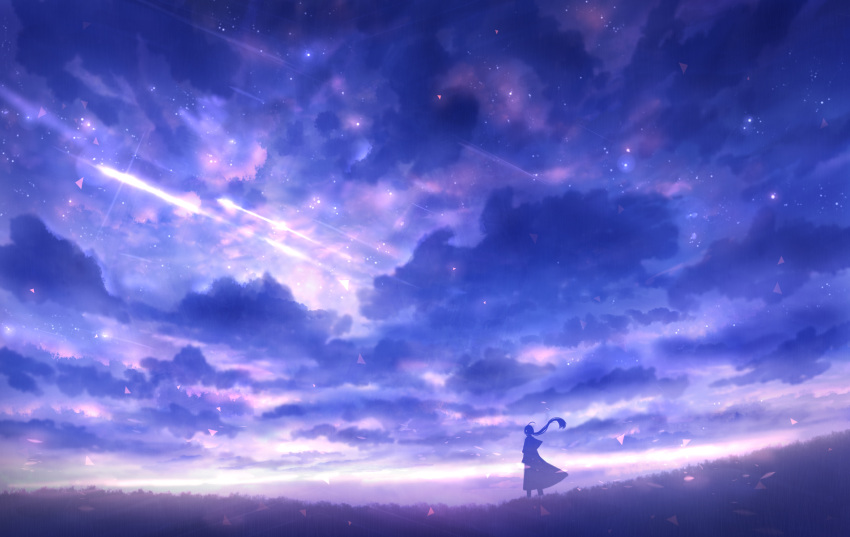 1other ambiguous_gender black_coat clouds coat commentary_request dusk facing_away feet_out_of_frame highres hill long_hair long_sleeves looking_up original outdoors purple_sky purple_theme sakimori_(hououbds) scenery shooting_star sky star_(sky)