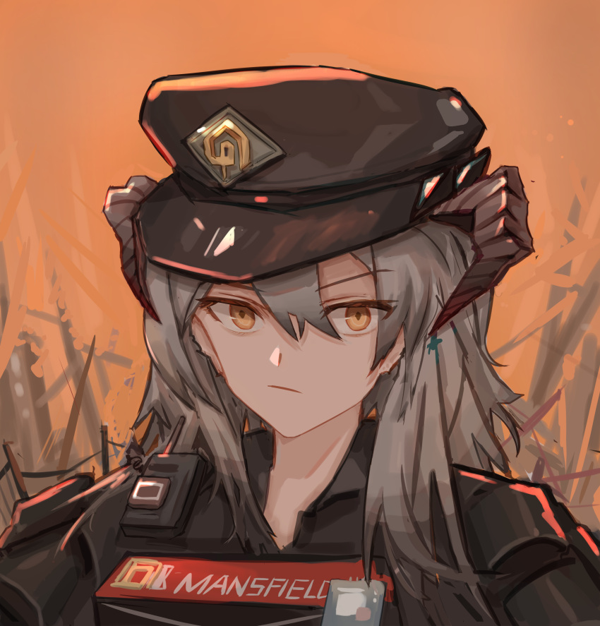 1girl absurdres arknights black_horns black_shirt chinese_commentary collared_shirt commentary_request dragon_horns expressionless hat highres horns long_hair official_alternate_costume open_collar orange_background orange_eyes saria_(arknights) saria_(iron_law)_(arknights) shirt silver_hair solo tactical_clothes upper_body walkie-talkie zhengyi_de_laoban_er