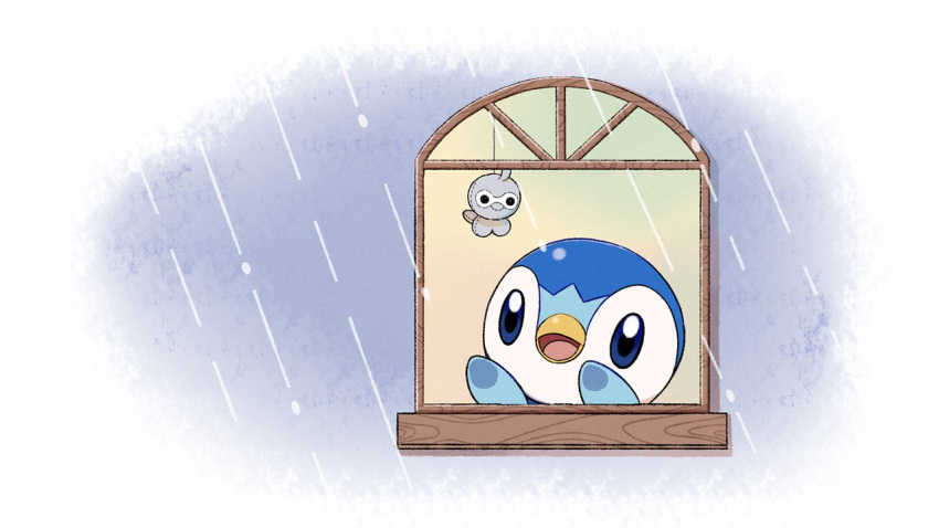 blue_eyes castform castform_(normal) character_doll commentary_request creature gen_3_pokemon gen_4_pokemon official_art open_mouth outdoors piplup pokemon prj_pochama rain smile starter_pokemon tongue window