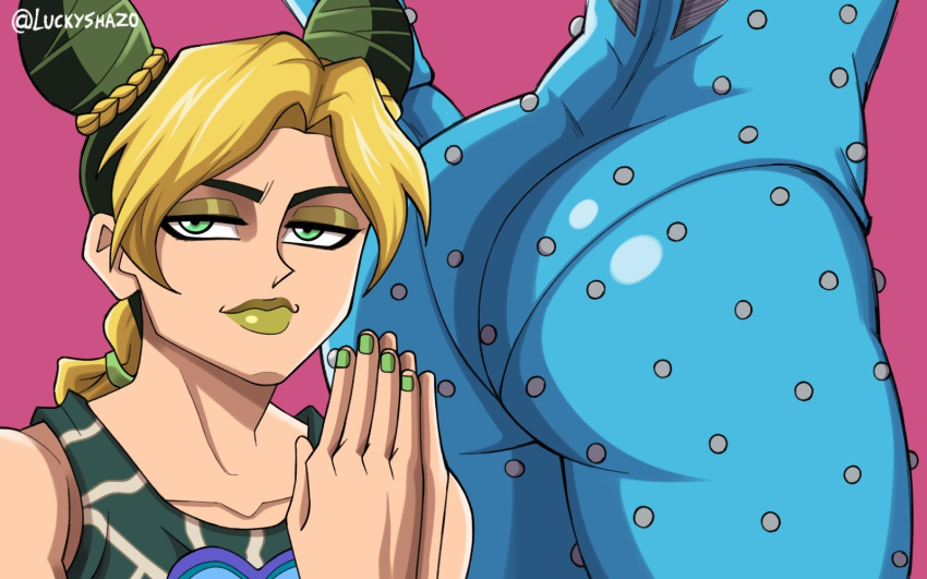 1girl ass blonde_hair blue_bodysuit bodysuit braid braided_bun closed_mouth commentary double_bun english_commentary eyeshadow fingernails grand_prix_richmond_crackstyle_(meme) green_eyes green_nails hands_up highres jitome jojo_no_kimyou_na_bouken kujo_jolyne looking_at_viewer makeup nail_polish pink_background shaz_(luckyshazo) simple_background smile stone_free stone_ocean twitter_username