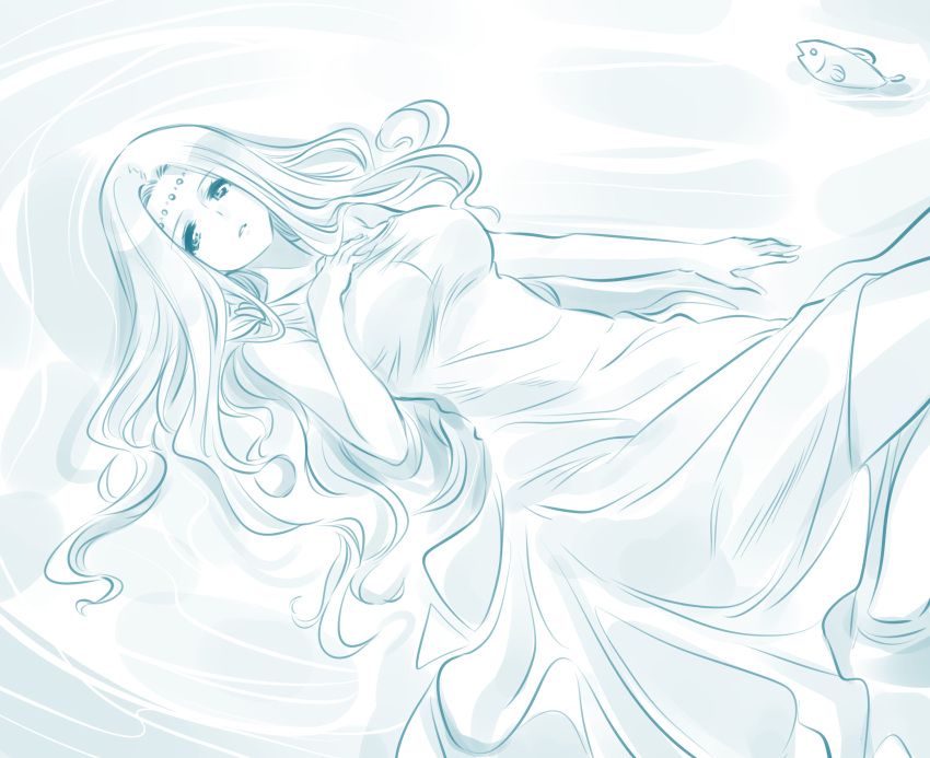 1girl 1other aqua_theme chuchumy_(ishiyumi) diadem fish g-spring_goddess_(ishiyumi) highres ishiyumi long_hair monochrome on_water original peplos ripples roman_clothes water wavy_hair