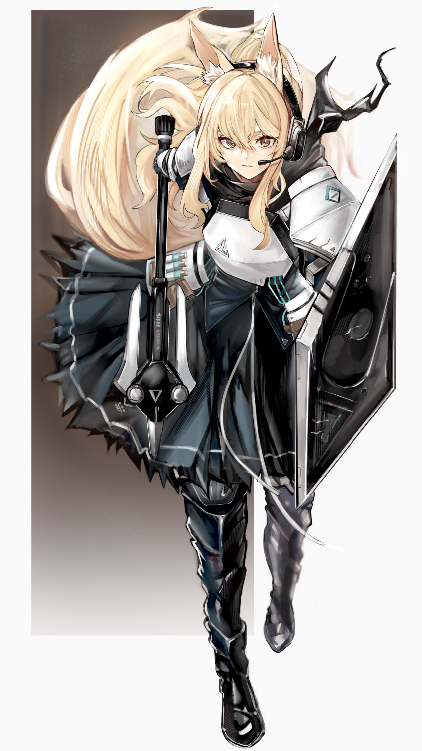 1girl absurdres animal_ear_fluff animal_ears arknights armor axe bangs black_dress black_footwear black_gloves black_jacket black_scarf black_skirt blonde_hair boots breastplate commentary dress elbow_gloves eyebrows_visible_through_hair floating_hair full_body gauntlets gloves hair_between_eyes headset highres holding holding_axe holding_shield holding_weapon horse_ears horse_girl horse_tail jacket knee_pads long_hair looking_at_viewer midu5 nearl_(arknights) orange_eyes parted_lips pauldrons ponytail scarf serious shield shoulder_armor sidelocks skirt solo tail torn_scarf weapon white_armor yellow_eyes