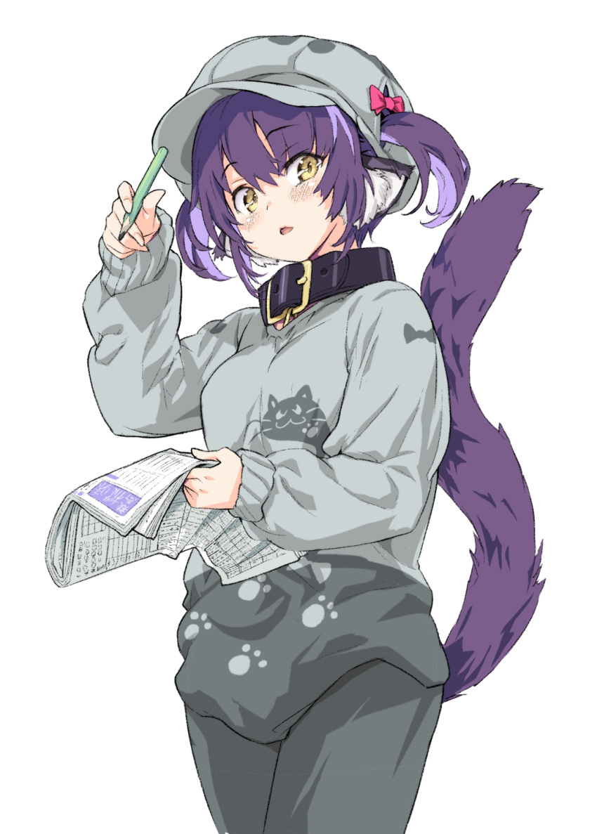 1girl animal_ear_fluff animal_ears bangs black_collar blush breasts cabbie_hat collar eyebrows_visible_through_hair grey_headwear grey_pants grey_shirt hair_between_eyes hair_through_headwear hand_up hat highres holding holding_pen indie_virtual_youtuber kiyama_satoshi kuroike_momimi long_sleeves looking_at_viewer newspaper pants parted_lips pen puffy_long_sleeves puffy_sleeves purple_hair shirt simple_background sleeves_past_wrists small_breasts solo tail tail_raised twintails virtual_youtuber white_background yellow_eyes