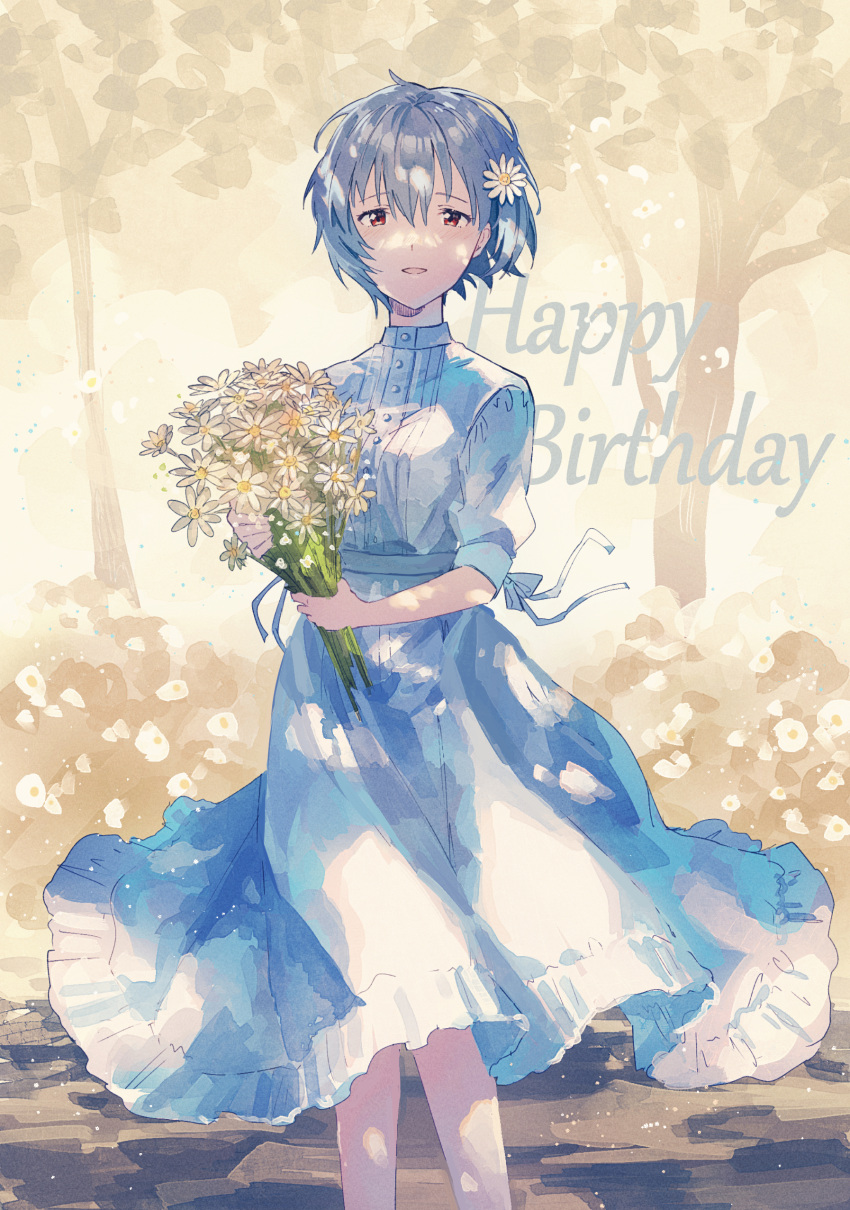 1girl absurdres ayanami_rei blue_dress blue_hair blue_ribbon bouquet bush commentary_request dress feet_out_of_frame flower frilled_dress frills hair_flower hair_ornament hajikkoneko hands_up happy_birthday highres holding holding_bouquet light_blush looking_at_viewer neon_genesis_evangelion open_mouth outdoors red_eyes ribbon short_hair short_sleeves solo standing tree