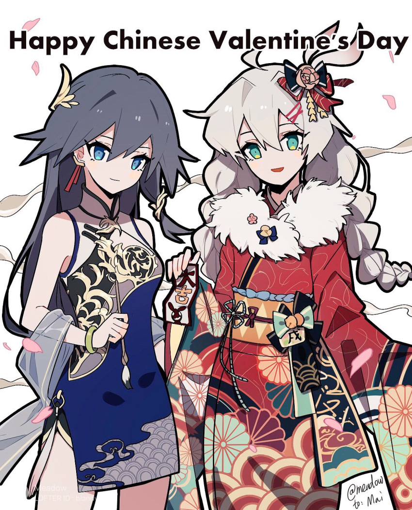 2girls alternate_costume antenna_hair blue_eyes braid brush china_dress chinese_clothes closed_mouth dress fu_hua_(valkyrie_accipter) highres honkai_(series) honkai_impact_3rd ink japanese_clothes kiana_kaslana kimono long_hair looking_at_viewer meadow_(morphinecaca) multiple_girls open_mouth smile twin_braids white_hair