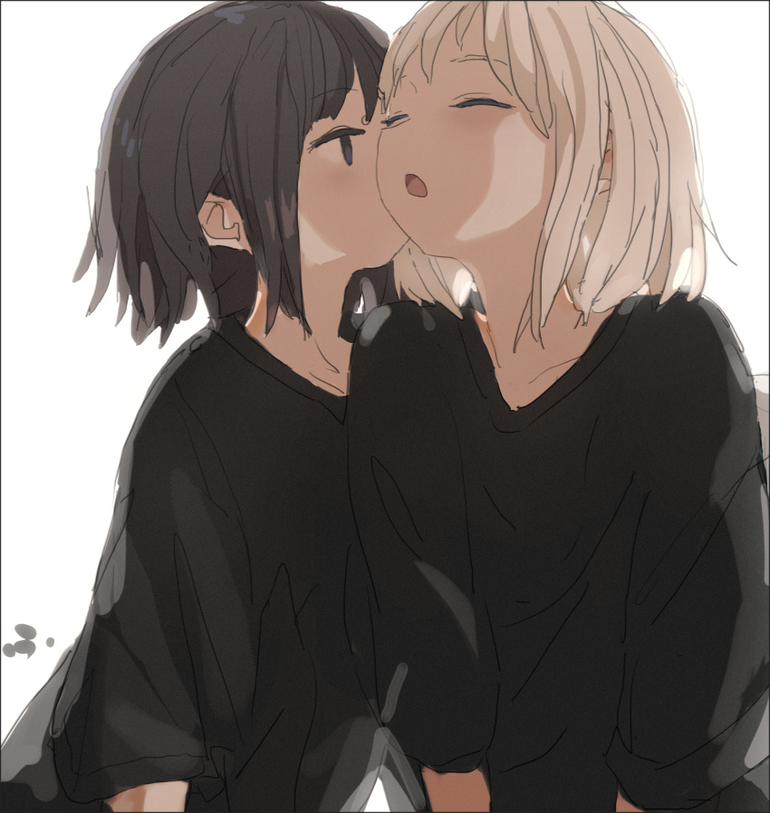 2girls absurdres black_hair black_shirt border cheek_kiss closed_eyes highres kiss multiple_girls original roisa shirt short_hair sketch upper_body white_background white_hair yuri