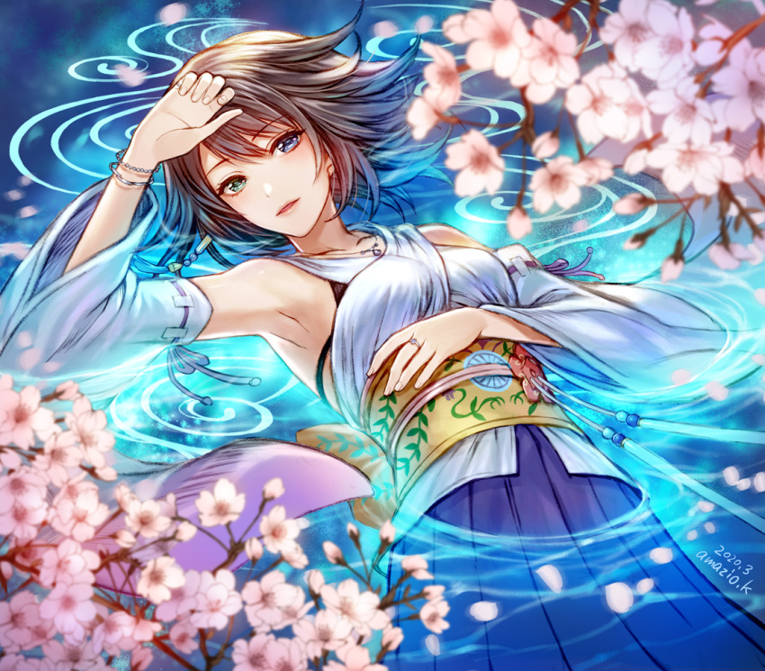 1girl amazio_komeko blue_eyes bracelet breasts brown_hair detached_sleeves female final_fantasy final_fantasy_x flower green_eyes hair_ornament hakama hand_up heterochromia japanese_clothes jewelry looking_at_viewer necklace obi open_mouth parted_lips ring short_hair solo water yuna_(ff10)