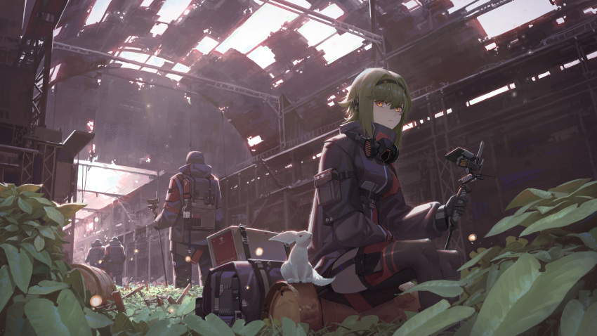 1girl absurdres areaaaron backpack backpack_removed bag black_bow black_gloves bow closed_mouth creature gloves hairband highres holding indoors looking_at_viewer orange_eyes original ruins scenery science_fiction sitting tagme