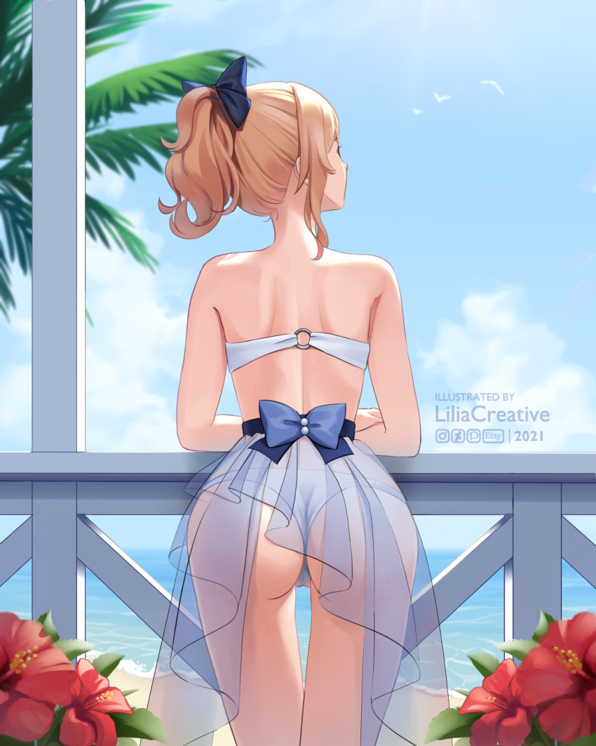 1girl ass bare_back bare_shoulders beach bikini bird blonde_hair blue_bow blue_sky bow clouds cowboy_shot crossed_arms flower from_behind genshin_impact hair_bow hibiscus highres jean_gunnhildr leaning_forward leaning_on_rail lilia_creative looking_to_the_side o-ring o-ring_top ocean outdoors palm_tree ponytail red_flower seagull see-through sidelocks sky solo strapless strapless_bikini swimsuit tree watermark white_bikini white_swimsuit