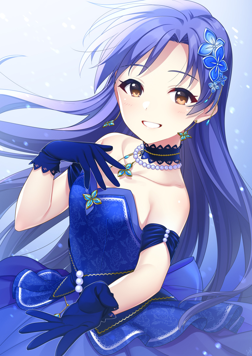 1girl absurdres blue_choker blue_dress blue_gloves blue_hair breasts brown_eyes choker collarbone dress earrings floating_hair gloves grin hair_intakes hair_ornament highres idolmaster idolmaster_(classic) jewelry kisaragi_chihaya long_hair looking_at_viewer mikapoe sleeveless sleeveless_dress small_breasts smile solo standing strapless strapless_dress very_long_hair