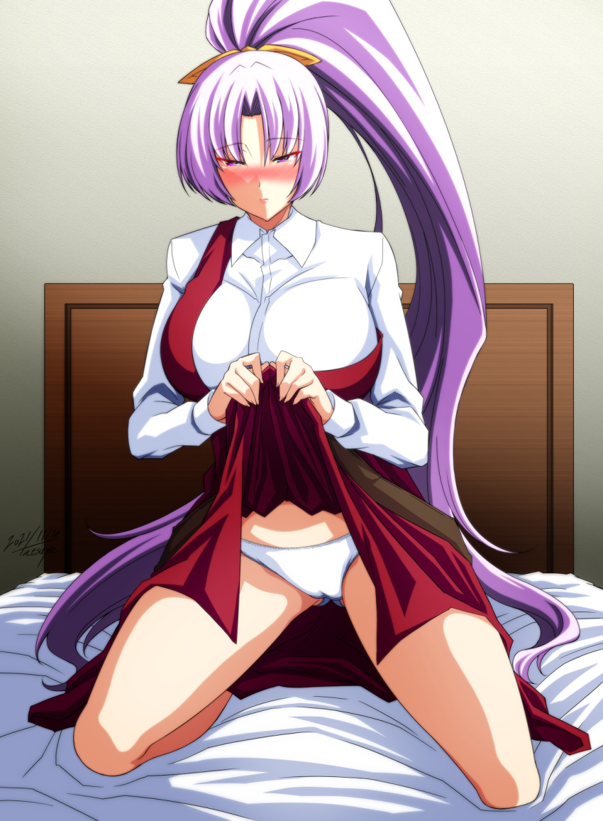 1girl artist_name bangs bare_legs barefoot bed bed_sheet belt blush breasts brown_belt closed_mouth collared_shirt commentary_request dated dress eyebrows_visible_through_hair highres large_breasts lifted_by_self lips long_hair long_sleeves looking_at_viewer nose_blush on_bed panties parted_bangs purple_hair red_dress shiny shiny_hair shiny_skin shirt signature sitting solo tatsuya_(guild_plus) thighs touhou underwear violet_eyes wall watatsuki_no_yorihime white_panties white_shirt wing_collar wrist_cuffs