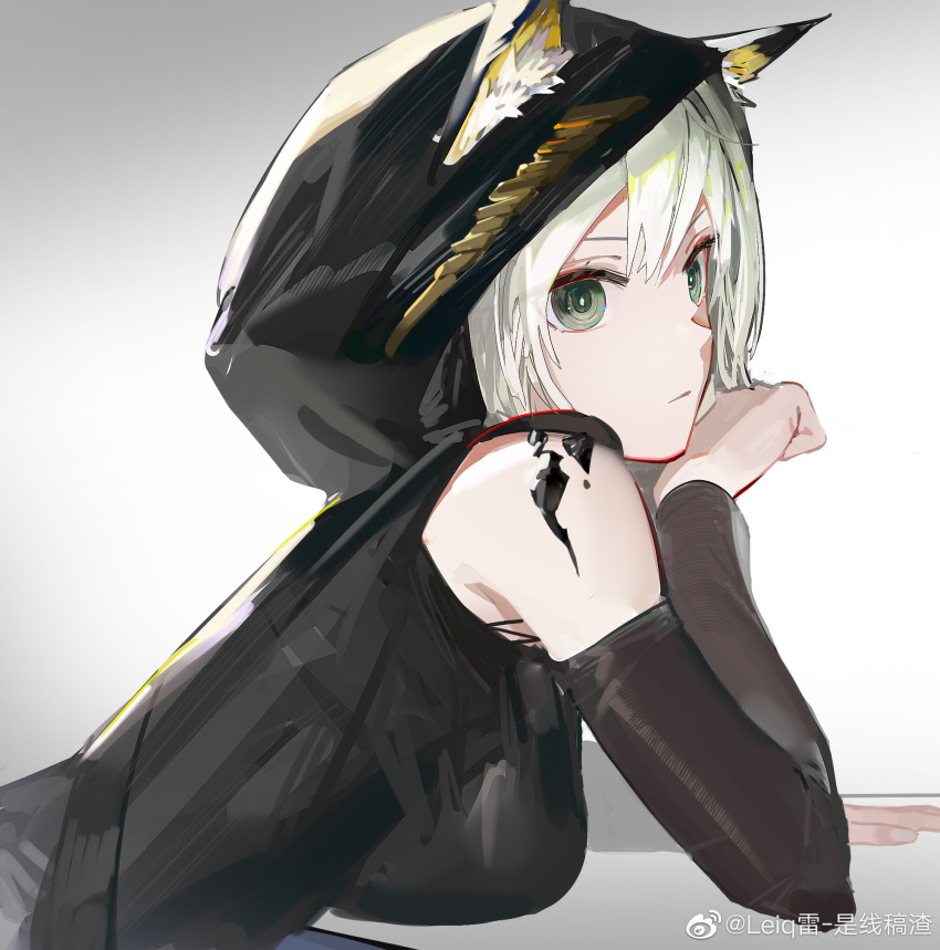 1girl animal_ears arknights bangs bare_shoulders black_jacket breasts chinese_commentary closed_mouth commentary_request elbow_rest green_eyes hair_between_eyes highres hood hood_up jacket kal'tsit_(arknights) leiq_lei-shi_xian_gao_zha light_green_hair long_hair looking_at_viewer looking_to_the_side lynx_ears medium_breasts oripathy_lesion_(arknights) sidelocks solo upper_body weibo_username white_background
