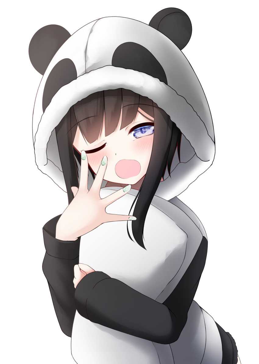 1girl absurdres animal_ears animal_hood bangs blue_eyes blush character_request commentary_request eyebrows_visible_through_hair fake_animal_ears fur-trimmed_hood fur_trim green_nails hand_up highres hood hood_up hooded_jacket indie_virtual_youtuber jacket long_sleeves nail_polish nekobaka one_eye_closed open_mouth panda_ears panda_hood pillow pillow_hug simple_background sleepy solo upper_body virtual_youtuber wavy_mouth white_background white_jacket yawning