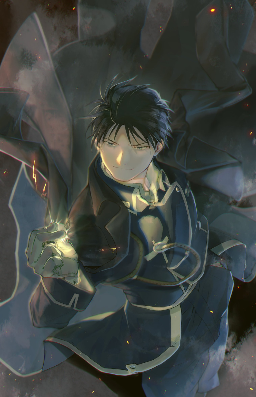 1boy aiguillette amestris_military_uniform black_coat black_eyes black_hair blue_jacket blue_pants chisan_(chisan_chishou) chromatic_aberration closed_mouth clothes_lift coat coat_lift coat_on_shoulders collared_jacket collared_shirt contrapposto electricity embers facing_away feet_out_of_frame fire flame from_above fullmetal_alchemist gloves hand_in_pocket hand_up highres jacket light looking_afar male_focus messy_hair military military_uniform motion_blur muted_color open_clothes open_coat pants roy_mustang shiny shiny_hair shirt sidelighting smile snapping_fingers spiky_hair tsurime uniform white_gloves white_shirt