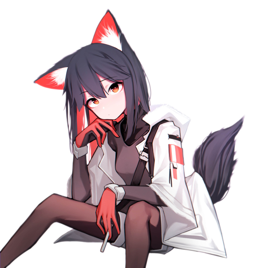 1girl absurdres animal_ear_fluff animal_ears arknights beudelb black_gloves black_hair black_legwear black_shirt cigarette commentary feet_out_of_frame fur-trimmed_hood fur_trim gloves highres holding holding_cigarette hood hood_down jacket korean_commentary long_hair long_sleeves looking_at_viewer multicolored_hair official_alternate_costume open_clothes open_jacket pantyhose red_gloves redhead shirt shorts simple_background sitting solo tail texas_(arknights) texas_(winter_messenger)_(arknights) two-tone_gloves two-tone_hair white_background white_jacket white_shorts wolf_ears wolf_girl wolf_tail yellow_eyes