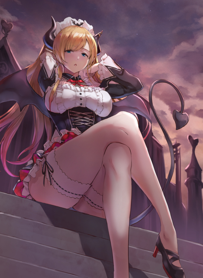 1girl adjusting_hair bangs black_horns black_wings blonde_hair blue_eyes breasts center_frills corset crossed_legs demon_girl demon_horns demon_tail demon_wings frilled_legwear frilled_shirt frilled_sleeves frills from_below high_heels highres hololive horns jojobirdz labcoat large_breasts legs long_sleeves looking_at_viewer maid mary_janes miniskirt multicolored_hair parted_lips shirt shoes sitting skirt solo swept_bangs tail thick_thighs thigh-highs thighs triangle_mouth twintails underbust upskirt virtual_youtuber white_legwear white_shirt wings yuzuki_choco