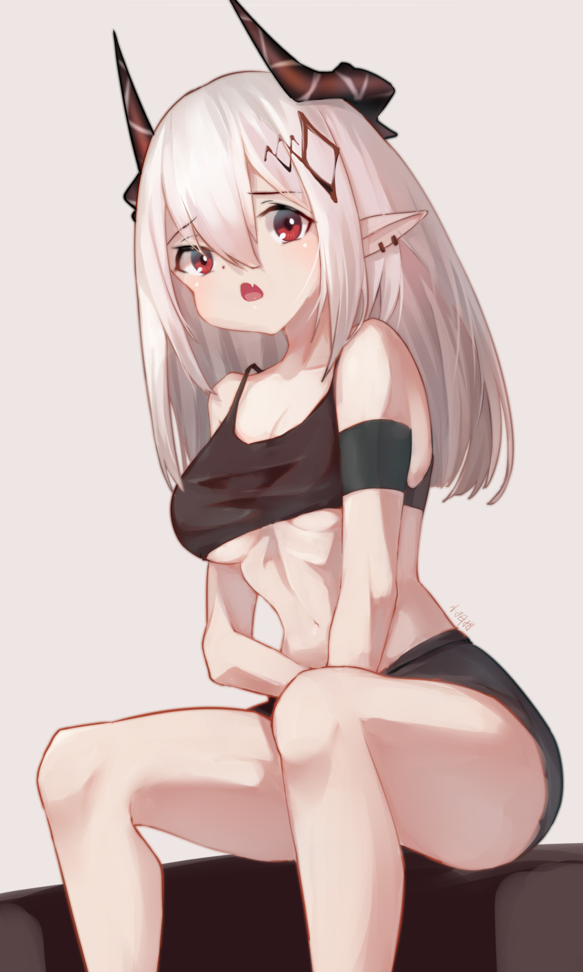 1girl absurdres arknights armband bangs bare_arms bare_legs bare_shoulders breasts camisole commentary crop_top eyebrows_visible_through_hair feet_out_of_frame grey_background hair_between_eyes highres horns koyubi_(koboshi_koyubi) long_hair looking_at_viewer medium_breasts midriff mudrock_(arknights) navel open_mouth pointy_ears red_eyes revision silver_hair simple_background sitting solo spaghetti_strap stomach thighs under_boob