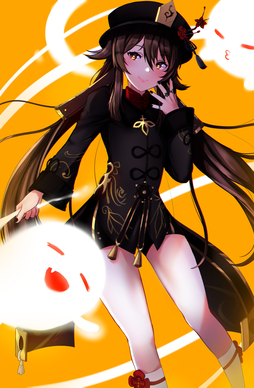 1girl absurdres genshin_impact ghost ghost_tail highres hu_tao_(genshin_impact) jewelry lessthanone nail_polish red_eyes ring simple_background smile symbol-shaped_pupils yellow_background