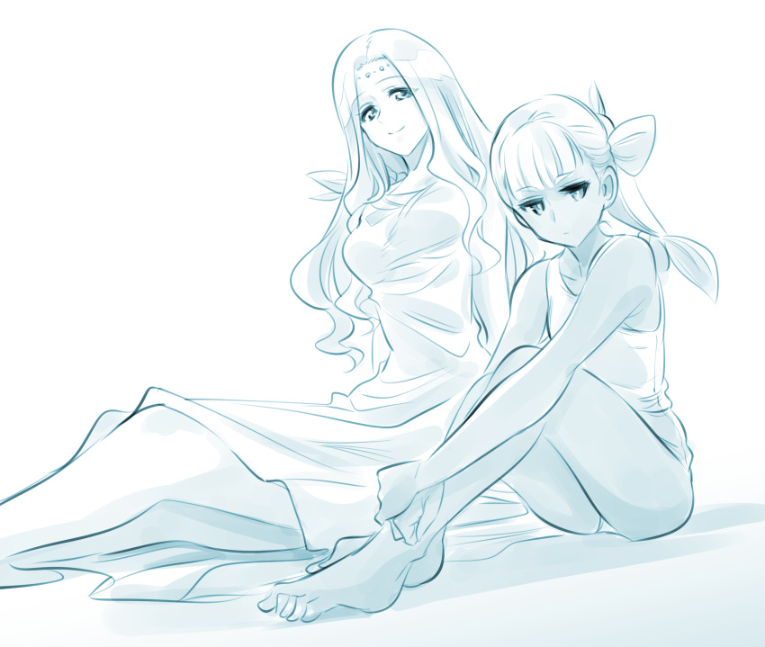 2girls aqua_theme bare_shoulders chuchumy_(ishiyumi) commentary constricted_pupils diadem empty_eyes eyebrows_visible_through_hair feet_out_of_frame fish_girl full_body g-spring_goddess_(ishiyumi) head_fins highres ishiyumi jitome long_hair looking_at_viewer medium_hair monochrome multiple_girls original peplos ponytail roman_clothes sitting sleeveless wavy_hair