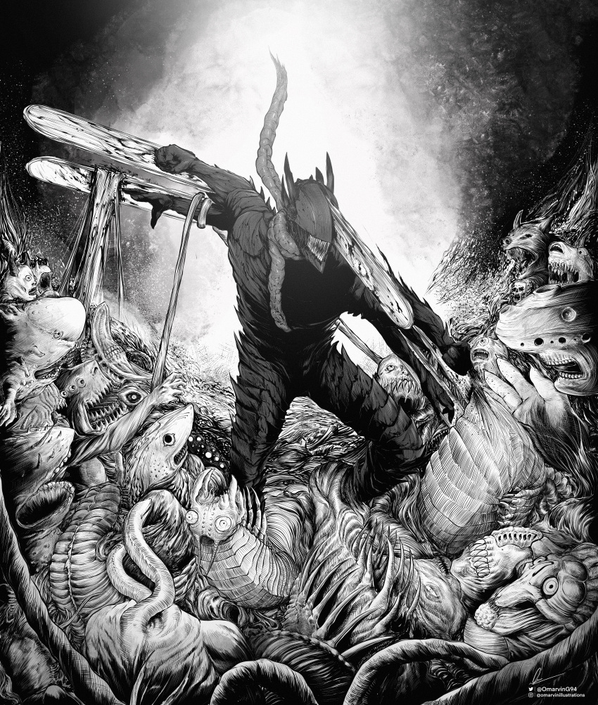 1boy absurdres arms_up battle blood chainsaw chainsaw_man clenched_hand denji_(chainsaw_man) english_commentary extra_arms feet_out_of_frame greyscale highres huge_filesize intestines looking_at_another male_focus marvin_(omarvin) monochrome monster no_eyes open_mouth pochita_(chainsaw_man) sharp_teeth solo_focus teeth transformation wide-eyed