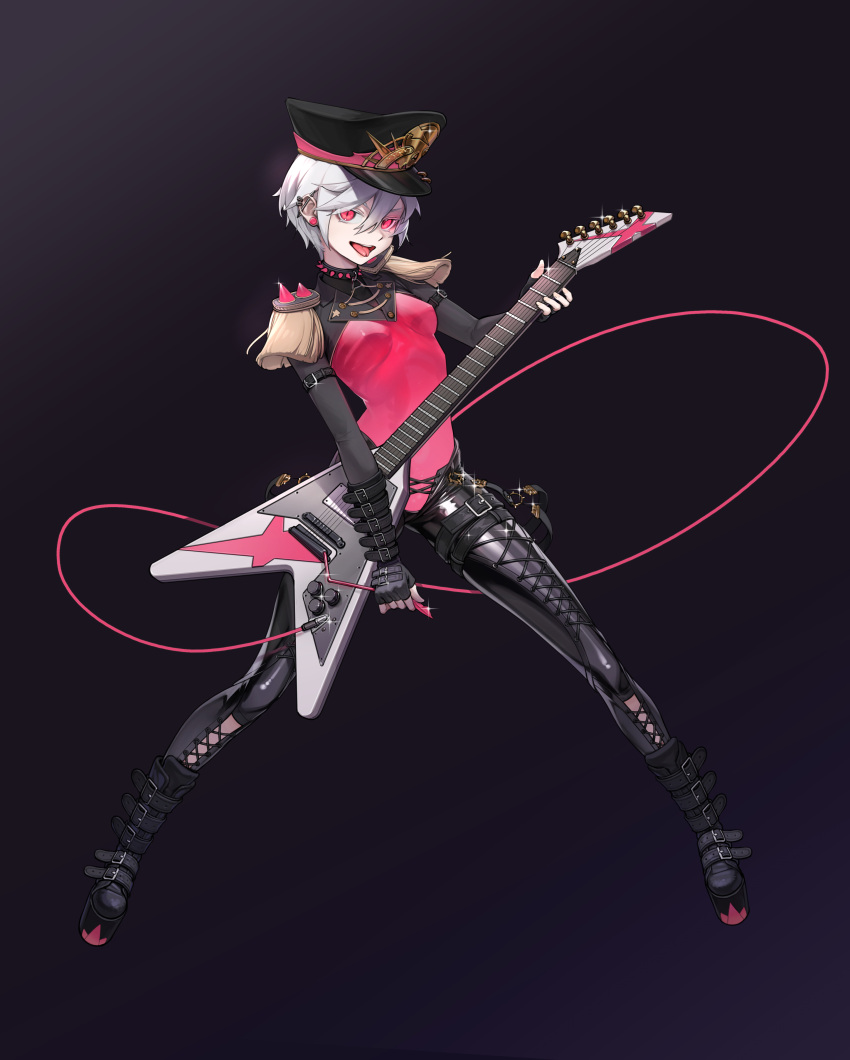 1girl :d absurdres belt black_background breasts cable collar cross-laced_clothes ear_piercing earrings electric_guitar epaulettes eyebrows_visible_through_hair fei_mao fingerless_gloves forked_tongue fringe_trim full_body gloves gradient gradient_background guitar hat highres instrument jewelry leather looking_at_viewer medium_breasts open_mouth original peaked_cap piercing platform_footwear red_eyes shiny shiny_clothes short_hair shoulder_spikes skeleton slit_pupils smile solo spiked_collar spikes stud_earrings tongue tongue_out transparent_skin tsurime upper_teeth very_short_hair white_hair