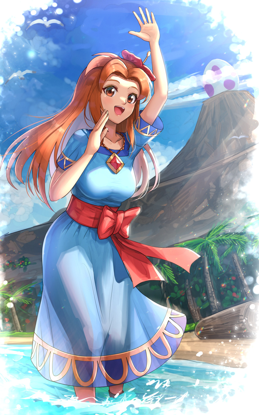 1girl absurdres beach blue_dress brooch brown_eyes brown_hair clouds dress egg flower gonzarez hair_flower hair_ornament hand_to_own_mouth highres jewelry log looking_at_viewer marin_(the_legend_of_zelda) mountain palm_tree red_ribbon ribbon smile the_legend_of_zelda the_legend_of_zelda:_link's_awakening tree waving
