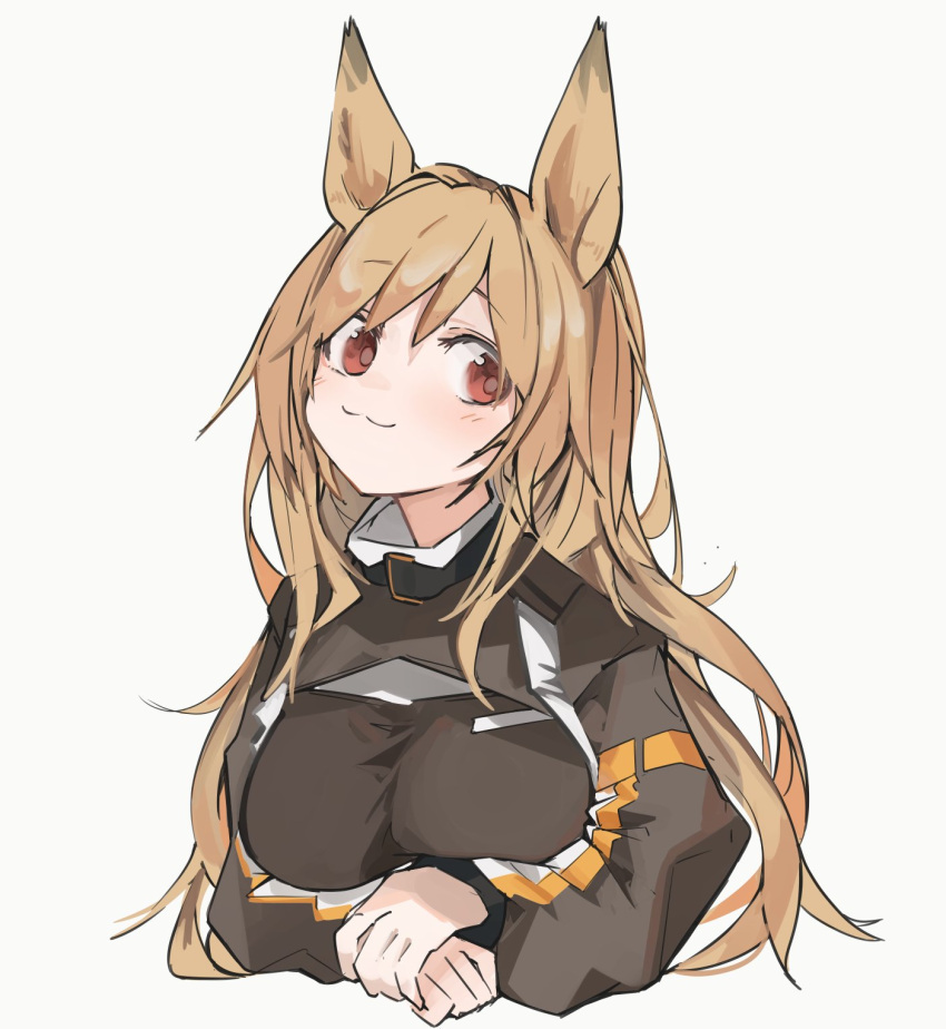 1girl :3 animal_ears arknights arms_under_breasts breasts brown_hair brown_jacket ceobe_(arknights) cropped_torso dog_ears hands_together highres jacket large_breasts long_hair long_sleeves looking_at_viewer mikojin red_eyes simple_background solo upper_body white_background
