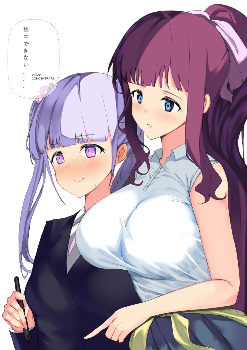 ... 2girls absurdres blue_eyes blush breasts closed_mouth dinsoreprong64 ear_blush eyebrows_visible_through_hair highres holding holding_stylus large_breasts light_purple_hair long_hair mixed-language_text multiple_girls new_game! parted_lips ponytail purple_hair stylus suzukaze_aoba takimoto_hifumi teeth violet_eyes yuri