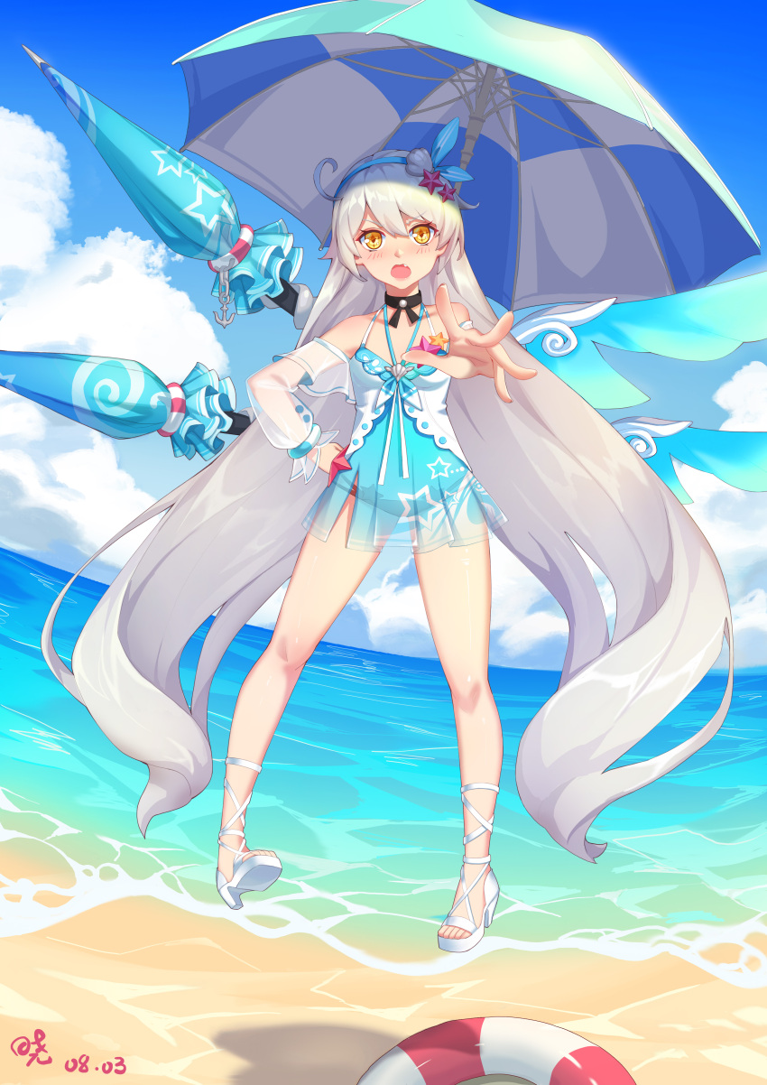 1girl absurdres antenna_hair beach blue_sky clouds cloudy_sky dress floating highres honkai_(series) honkai_impact_3rd kiana_kaslana kiana_kaslana_(herrscher_of_the_void) long_hair looking_at_viewer open_mouth sand sandals shell_hair_ornament sky solo starfish_hair_ornament summer summer_uniform sundress umbrella water xiaomu_(a414171448)