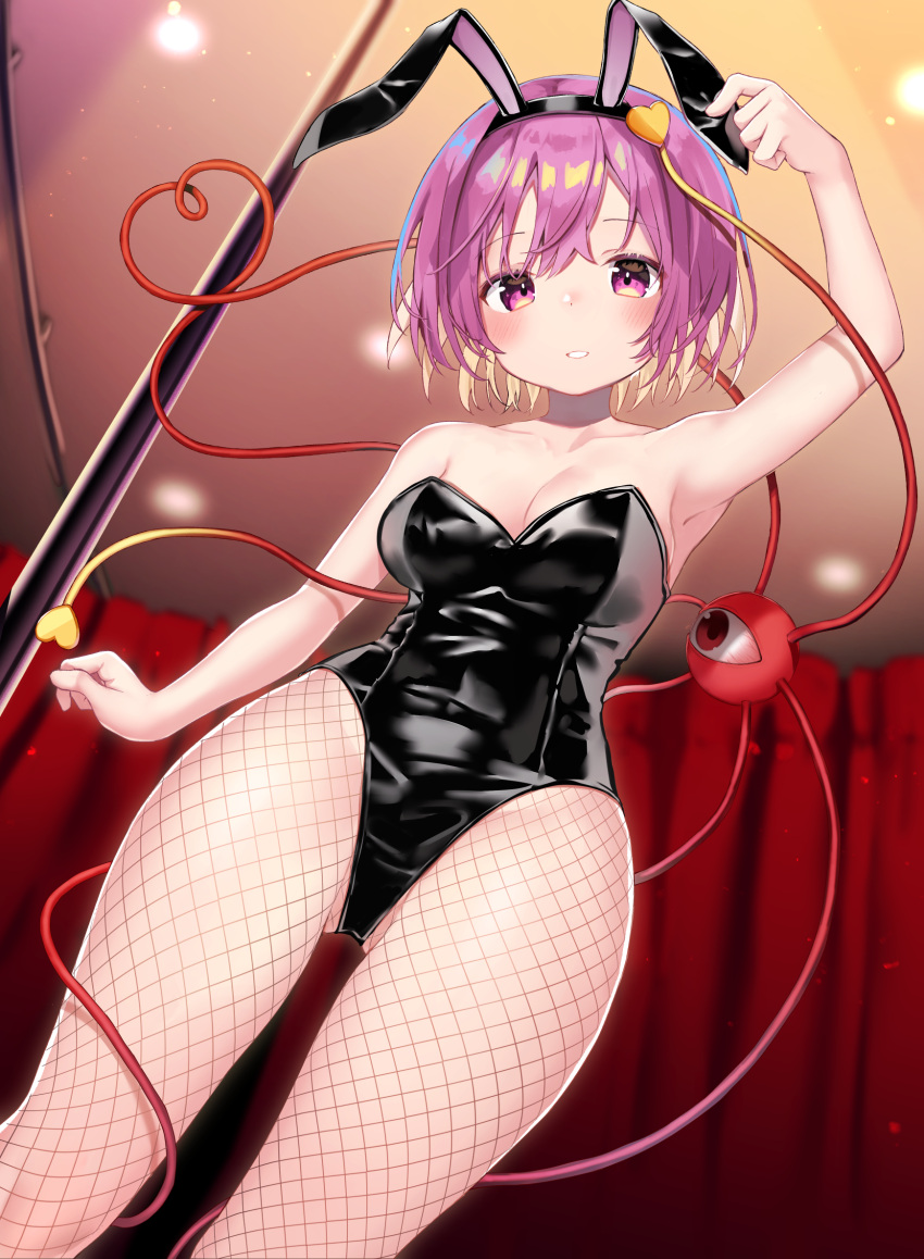 1girl animal_ears arm_up armpits bare_shoulders black_leotard blush breasts collarbone commentary_request cowboy_shot ear_grab eyeball fake_animal_ears fishnet_legwear fishnets from_below grin hairband heart heart_of_string highres komeiji_satori leotard looking_at_viewer looking_down mamemochi medium_breasts narrow_waist pantyhose playboy_bunny pole purple_hair rabbit_ears shiny shiny_clothes short_hair smile solo strapless strapless_leotard stripper_pole thigh_gap third_eye touhou violet_eyes wide_hips