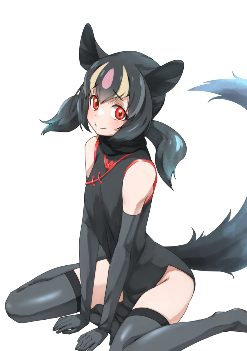 1girl absurdres aye-aye_(kemono_friends) bare_shoulders between_legs black_dress black_gloves black_hair black_legwear black_neckwear blonde_hair china_dress chinese_clothes commentary_request dress elbow_gloves eyebrows_visible_through_hair gloves hand_between_legs highlights highres kemono_friends lemur_ears lemur_girl lemur_tail looking_at_viewer multicolored_hair pink_hair red_eyes scarf short_hair sitting sleeveless solo tanabe_(fueisei) thigh-highs twintails wariza zettai_ryouiki
