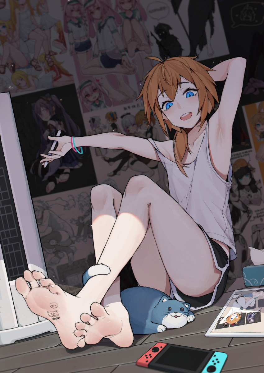 1boy :d absurdres ahoge arm_behind_head barefoot black_shorts blue_eyes body_writing camisole cat crossed_legs dolphin_shorts feet hands_up highres holding lan_mao_akko looking_at_viewer low_ponytail male_focus marker nintendo_switch open_mouth orange_hair original ponytail poster_(object) recursion round_teeth shorts sitting smile solo teeth tissue_box toenails toes upper_teeth wristband