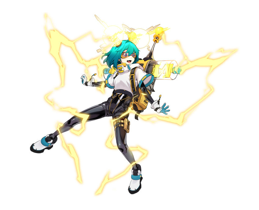 1girl :d absurdres aqua_hair backpack bag blue_eyes bodysuit electricity fang fei_mao gloves high_collar highres latex latex_bodysuit medium_hair open_mouth original safety_glasses shiny shiny_clothes shoes skin_fang skin_tight smile sneakers thigh_pouch white_background