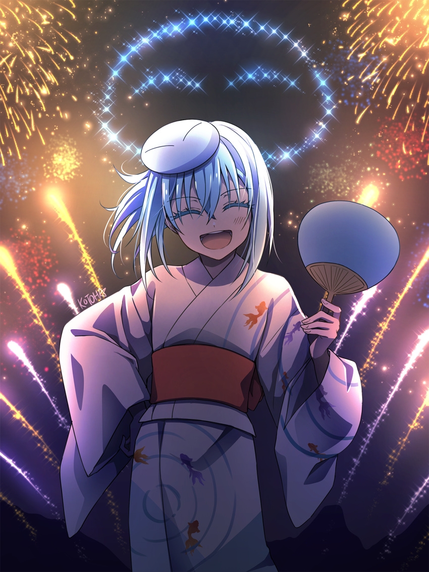 1girl animal_print blue_hair fan fireworks fish_print floating_hair highres holding holding_fan japanese_clothes kimono kotorimyuu long_hair long_sleeves mask mask_on_head night obi outdoors print_kimono rimuru_tempest sash shiny shiny_hair solo standing tensei_shitara_slime_datta_ken white_kimono wide_sleeves