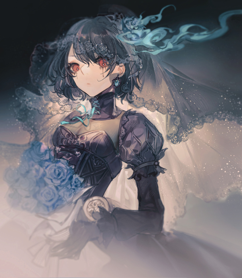 1girl absurdres alice_(sinoalice) black_dress black_gloves bouquet choker closed_mouth corset dress earrings expressionless facepaint flower gloves gothic_lolita highres holding holding_flower jewelry lolita_fashion looking_at_viewer puffy_short_sleeves puffy_sleeves red_eyes rose senryoko short_sleeves sinoalice solo veil