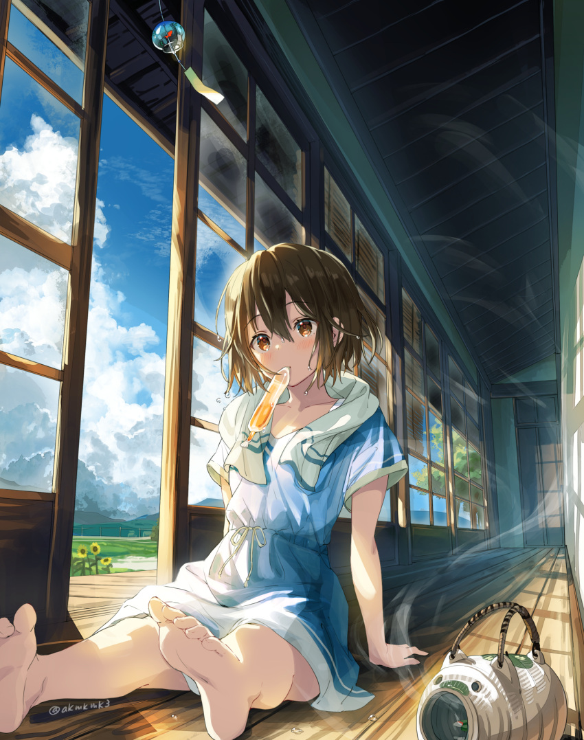 1girl arm_support bangs barefoot blue_dress blush brown_eyes brown_hair clouds commentary_request day dress eyebrows_visible_through_hair feet flower hair_between_eyes highres indoors looking_at_viewer mosquito_coil mouth_hold original rokcha short_hair short_sleeves sitting sky soles summer sunflower toes towel towel_around_neck twitter_username wind_chime wooden_floor