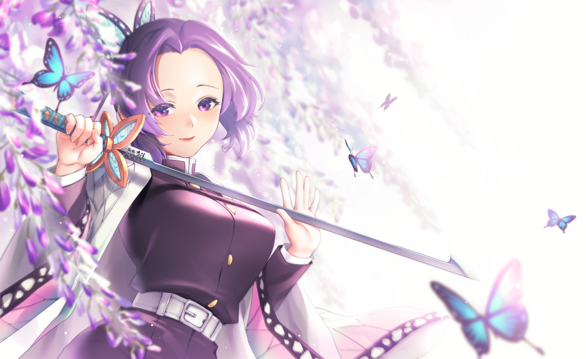 1girl absurdres belt belt_buckle black_hair blurry blurry_foreground breasts buckle bug butterfly butterfly_hair_ornament flower gradient_hair hair_ornament haori highres holding holding_sword holding_weapon insect jacket japanese_clothes kimetsu_no_yaiba kochou_shinobu large_breasts long_sleeves multicolored_hair purple_flower purple_hair purple_jacket sha shiny shiny_hair short_hair smile solo standing sword violet_eyes weapon white_belt
