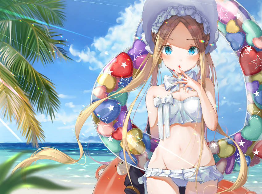 1girl abigail_williams_(fate) abigail_williams_(swimsuit_foreigner)_(fate) absurdres bangs bare_shoulders bikini blonde_hair blue_eyes blue_sky bonnet bow braid breasts eunip fate/grand_order fate_(series) forehead hair_bow hair_rings highres long_hair miniskirt navel parted_bangs sidelocks skirt sky small_breasts solo swimsuit twin_braids twintails very_long_hair white_bikini white_bow white_headwear