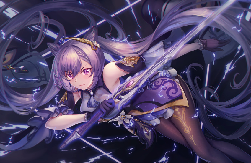 1girl bare_shoulders braid detached_sleeves double_bun dress flower frilled_sleeves frills genshin_impact gloves hair_bun hair_ornament hairclip highres holding holding_sword holding_weapon honkai_(series) honkai_impact_3rd keqing_(genshin_impact) lightning pantyhose purple_dress purple_gloves sword twintails ulquiorra0 violet_eyes weapon
