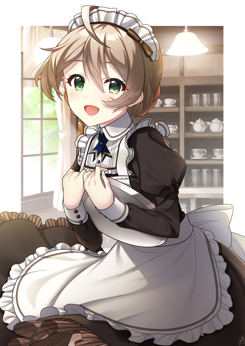 1girl :d absurdres ahoge apron back_bow bangs black_shirt black_skirt blue_ribbon bow brown_hair eyebrows_visible_through_hair frilled_apron frills green_eyes hair_between_eyes highres holding holding_plate idolmaster idolmaster_cinderella_girls long_skirt long_sleeves maid maid_headdress mikapoe neck_ribbon open_mouth otokura_yuuki plate ribbon shiny shiny_hair shirt short_hair skirt smile solo standing waist_apron white_apron white_bow wing_collar