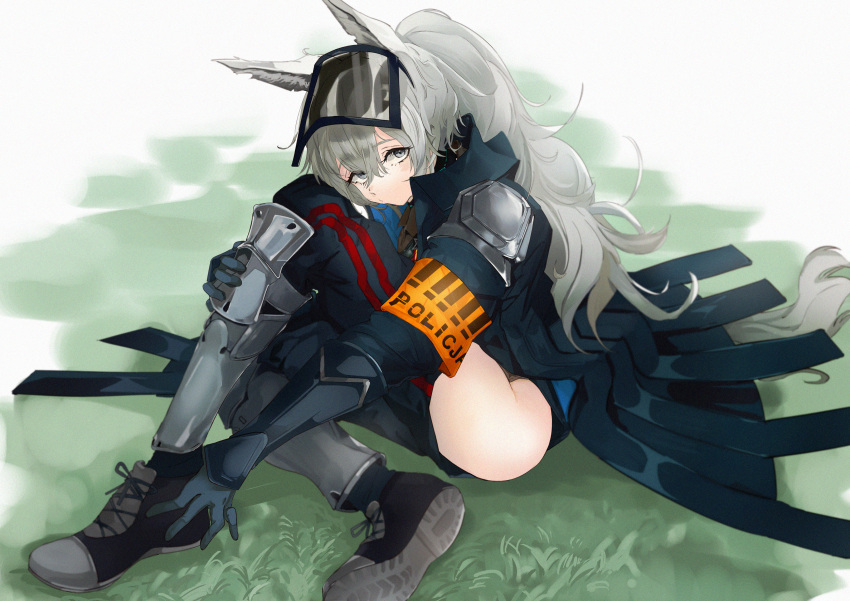 1girl absurdres animal_ears arknights arm_guards armband bangs black_jacket black_pants blue_gloves commentary_request eyebrows_behind_hair gloves grani_(arknights) grey_eyes grey_footwear head_tilt highres hip_vent horse_ears horse_girl horse_tail huge_filesize jacket knee_up knees_up leg_hug long_hair looking_at_viewer midu5 pants police police_uniform ponytail shoe_soles shoes silver_hair sitting sneakers solo tail uniform visor