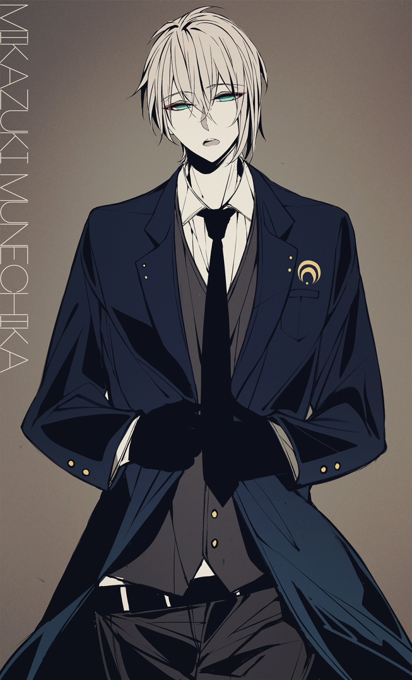 1boy coat formal gloves grey_coat highres mikazuki_munechika necktie shirt solo suit touken_ranbu white_hair white_shirt youshima