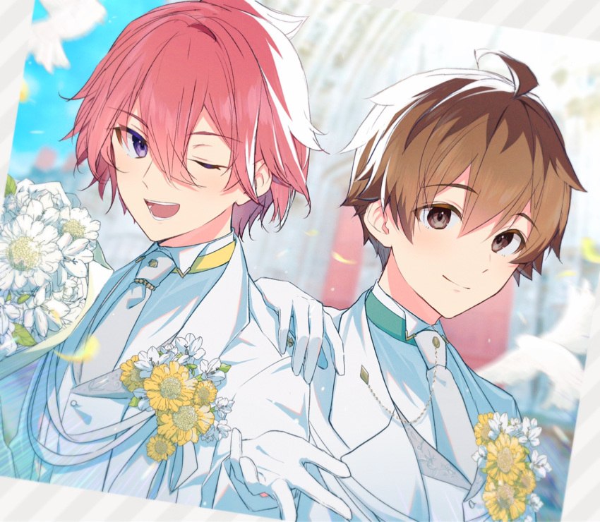 2boys ;d ahoge bangs blurry blurry_background brown_eyes brown_hair closed_mouth collared_shirt commentary_request depth_of_field eyebrows_visible_through_hair flower formal gloves gyozanuko hair_between_eyes hand_on_another's_shoulder hands_up highres jacket kannabe_ayumu kuzuryuu_yaichi long_sleeves male_focus multiple_boys one_eye_closed open_mouth pink_hair ryuuou_no_oshigoto! shirt smile suit upper_body violet_eyes white_flower white_gloves white_jacket white_neckwear white_shirt yellow_flower