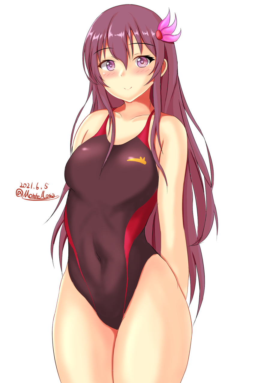 1girl arms_behind_back black_swimsuit breasts brown_hair commentary_request competition_swimsuit cowboy_shot dated hair_ornament highres kantai_collection kisaragi_(kancolle) long_hair looking_at_viewer montemasa one-hour_drawing_challenge one-piece_swimsuit simple_background small_breasts smile solo swimsuit twitter_username violet_eyes white_background