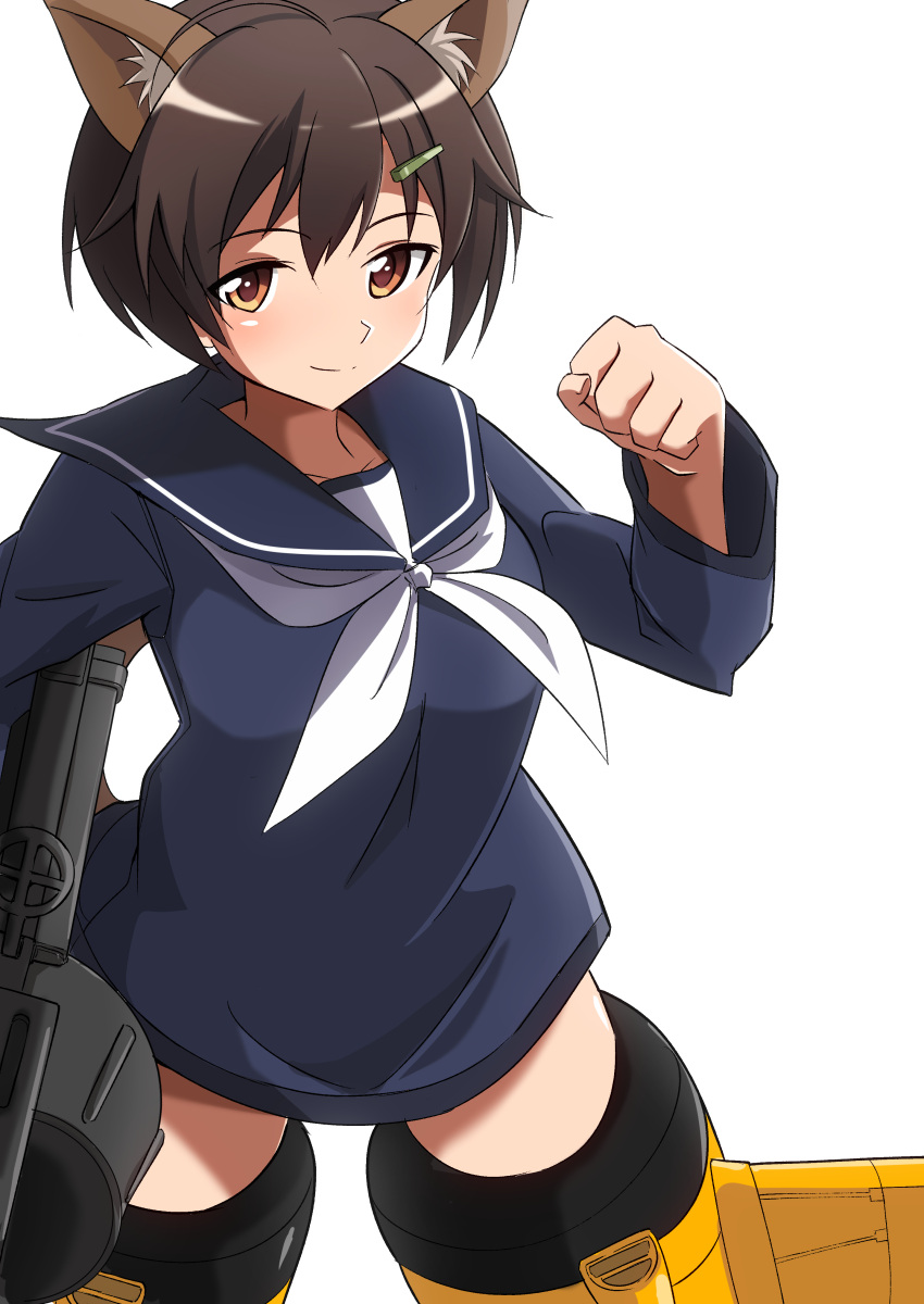 1girl absurdres animal_ears blush brave_witches breasts brown_eyes brown_hair clenched_hand closed_mouth collarbone eyebrows_visible_through_hair gun hair_ornament hairclip highres karibuchi_hikari looking_at_viewer military military_uniform neckerchief rifle shiny shiny_hair short_hair simple_background small_breasts smile solo squirrel_ears striker_unit tricky_46 uniform weapon white_background white_neckwear world_witches_series