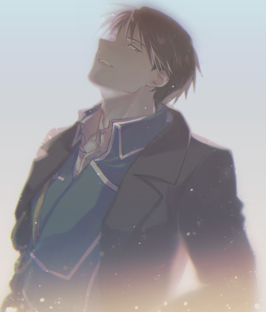 1boy aiguillette aqua_background arms_at_sides backlighting black_coat black_eyes black_hair blue_jacket blurry blurry_background chisan_(chisan_chishou) chromatic_aberration close-up coat collared_jacket collared_shirt fullmetal_alchemist gradient gradient_background grey_background head_back highres jacket lens_flare light_particles light_smile looking_afar looking_back male_focus muted_color open_clothes open_coat parted_lips profile roy_mustang shiny shiny_hair shirt simple_background spiky_hair teeth tsurime upper_body upper_teeth vignetting white_shirt